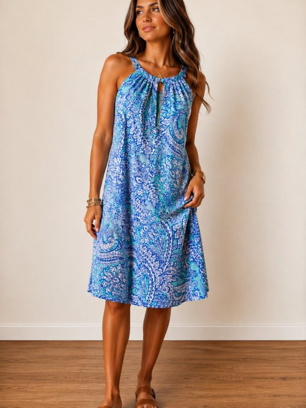 Cynthia Rowley Women's Mini Halter Shift Dress Size M Green Blue Paisley Print
